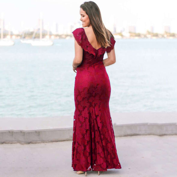 2022 Women Sexy Solid Lace Backless V-Neck Hollow Out  Maxi Dress