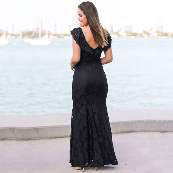 2022 Women Sexy Solid Lace Backless V-Neck Hollow Out  Maxi Dress