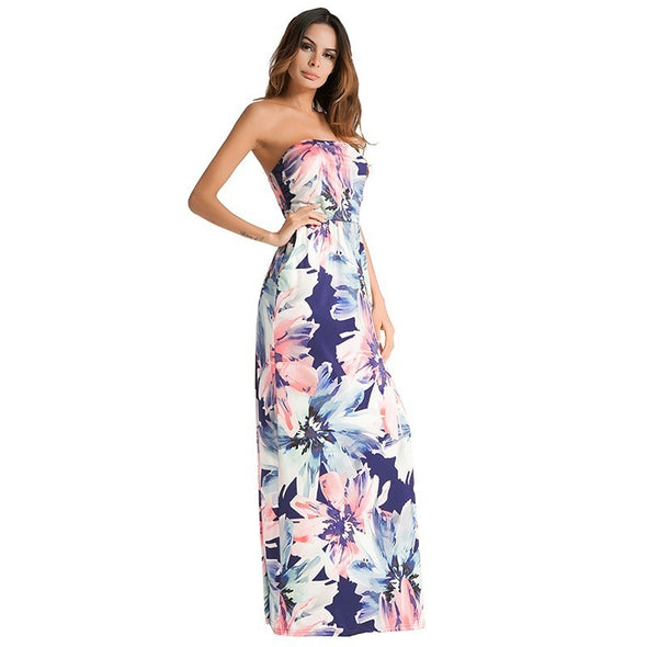 2022 Summer Strapless Floral Print Sexy Party Tunic Vestidos Boho Elegant Maxi Dress