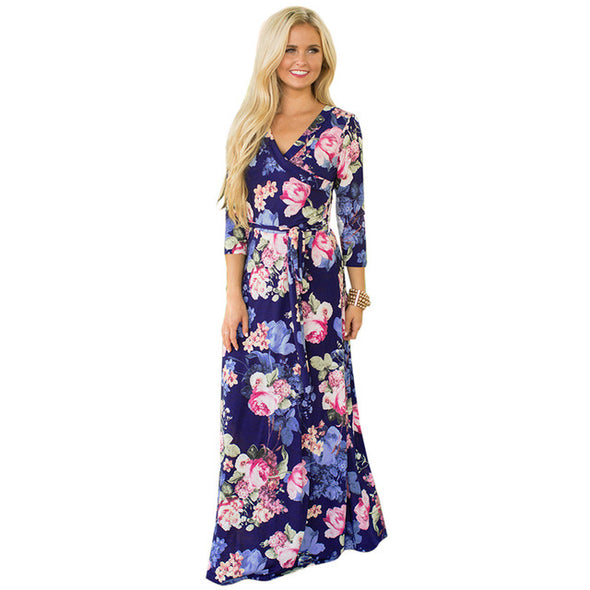 2022 Summer V-neck  Long Dress Floral Print  Casual Elegant dress