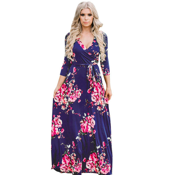 2022 Summer V-neck  Long Dress Floral Print  Casual Elegant dress