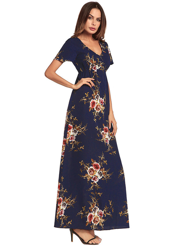 Boho Chiffon Dress Floral Print Sexy V-neck Bench Maxi Dress