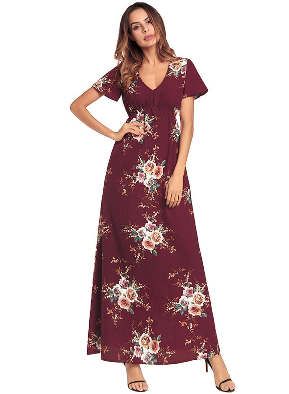 Boho Chiffon Dress Floral Print Sexy V-neck Bench Maxi Dress