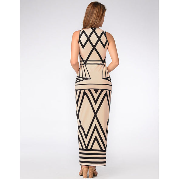 Sexy Geometry Printed Ladies Fashion Sleeveless Casual Party Maxi Dress