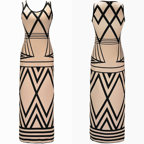 Sexy Geometry Printed Ladies Fashion Sleeveless Casual Party Maxi Dress