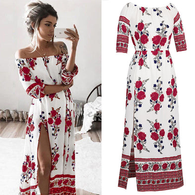 Boho Floral Prints Off Shoulder Split Slash Neck Maxi Dress