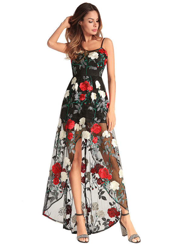 Women Floral Print Embroidery Long Dress