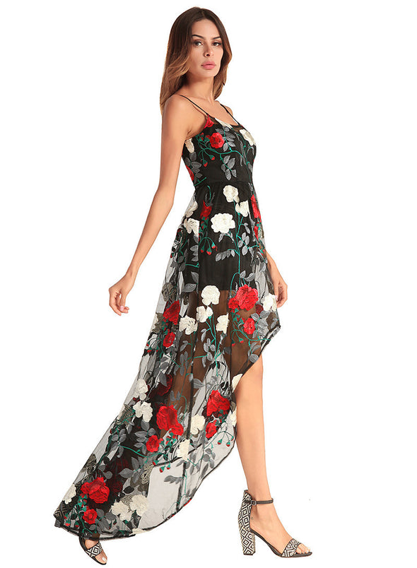 Women Floral Print Embroidery Long Dress