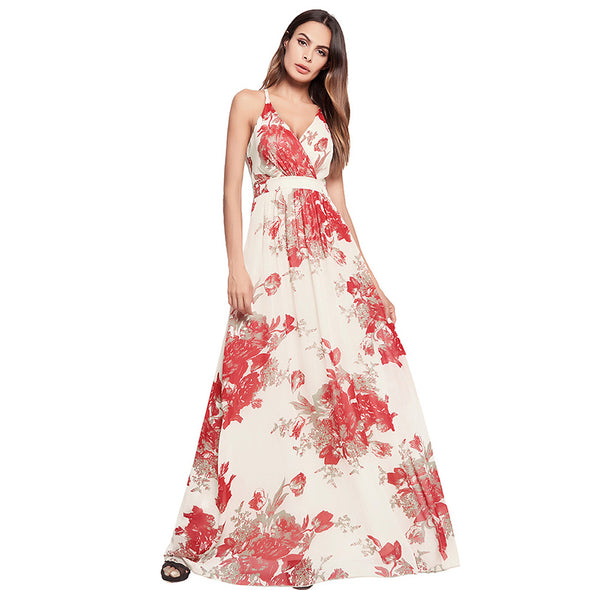 Women  Boho Floral Print Backless Beach Strapless Sexy Long Dress