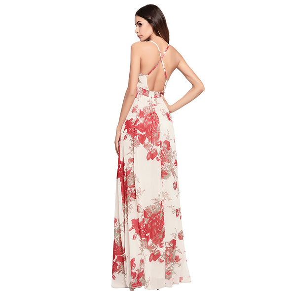 Women  Boho Floral Print Backless Beach Strapless Sexy Long Dress