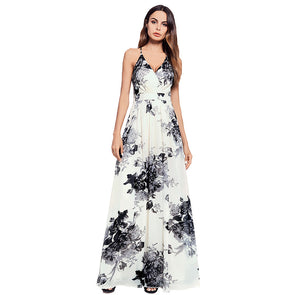 Women  Boho Floral Print Backless Beach Strapless Sexy Long Dress