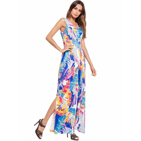 2022 Summer Floral Print Long Beach Dress Sexy Backless V Neck Split Dresses