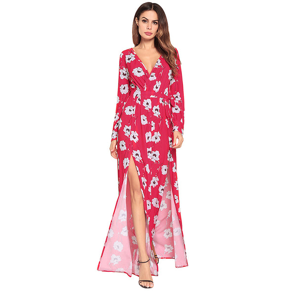 2022 Summer Deep V Floral Print Sexy Maxi Dress