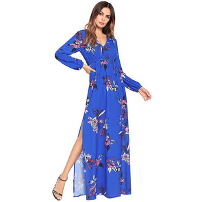 2022 Women Vintage Deep V Sexy Floral Print Long Sleeve Boho Dress