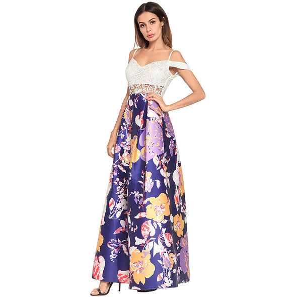 Sexy Hollow Out Strapless Backless Floral Print Zip Long Elegant Evening Dress