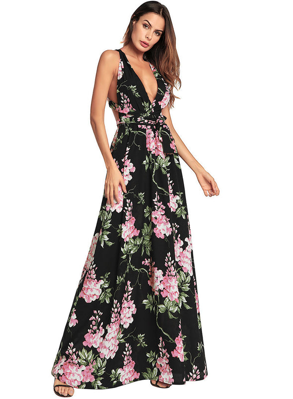 Sexy Deep V Backless Halter Floral Print Chiffon Summer Party Dresses