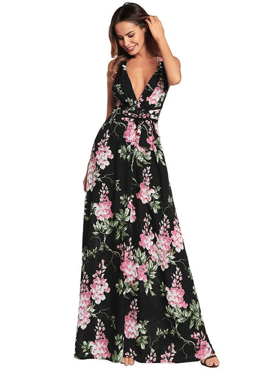 Sexy Deep V Backless Halter Floral Print Chiffon Summer Party Dresses