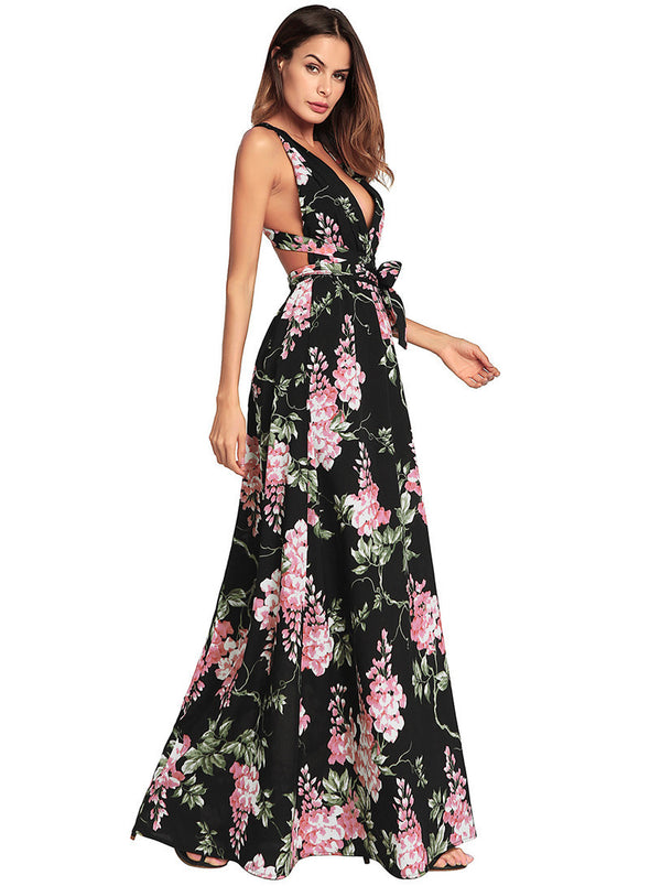 Sexy Deep V Backless Halter Floral Print Chiffon Summer Party Dresses