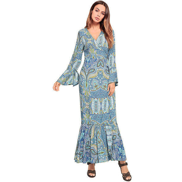 2022 Floral Print  Sexy V Neck High Split Flare Sleeve Summer Maxi Boho Dresses