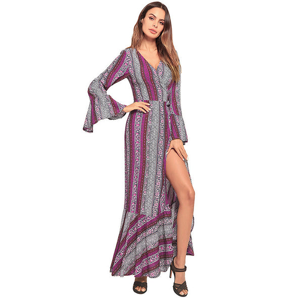 2022 Floral Print  Sexy V Neck High Split Flare Sleeve Summer Maxi Boho Dresses