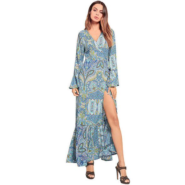 2022 Floral Print  Sexy V Neck High Split Flare Sleeve Summer Maxi Boho Dresses