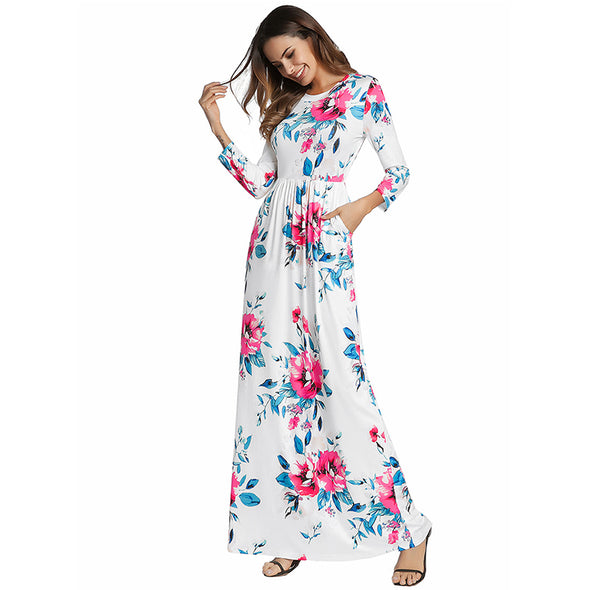 2022 Summer O Neck Casual Tunic Boho Long Floral Print Dress