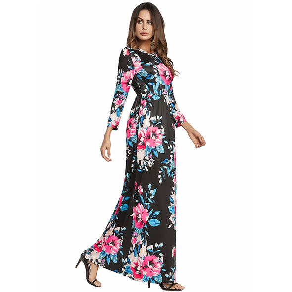 2022 Summer O Neck Casual Tunic Boho Long Floral Print Dress