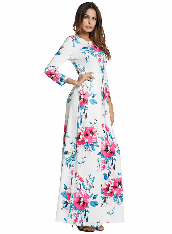 2022 Summer O Neck Casual Tunic Boho Long Floral Print Dress