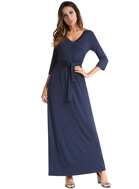 2022 Summer V-neck Robes High Waist  Sexy Solid Casual With Belt  Maxi Dress