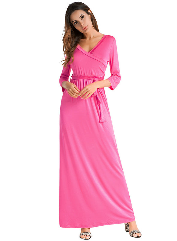 2022 Summer V-neck Robes High Waist  Sexy Solid Casual With Belt  Maxi Dress