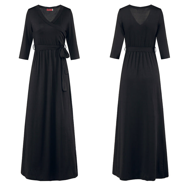 2022 Summer V-neck Robes High Waist  Sexy Solid Casual With Belt  Maxi Dress