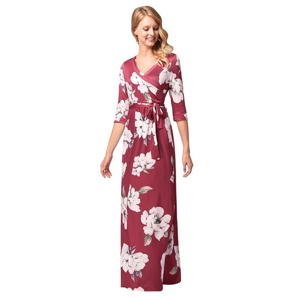 Sexy Floral Print Long Belt Empire Casual  Boho Evening  Dress