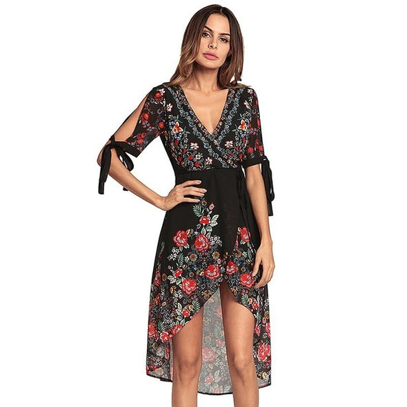 Boho Sexy Deep V Chiffon Dress Floral Print  Midi Dress