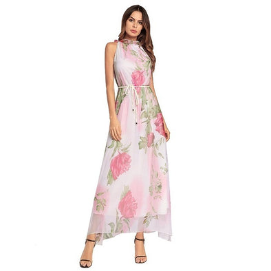 Boho Sexy Halter Floral Print Chiffon With Belt Beach Maxi Dress