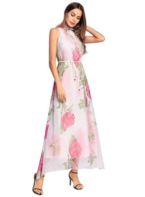 Boho Sexy Halter Floral Print Chiffon With Belt Beach Maxi Dress