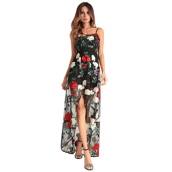 Women Floral Print Embroidery Long Dress