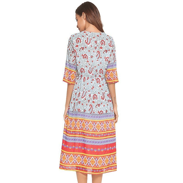 2022 Floral Print Chiffon Half Sleeve Multi-color  Long Beach Dress