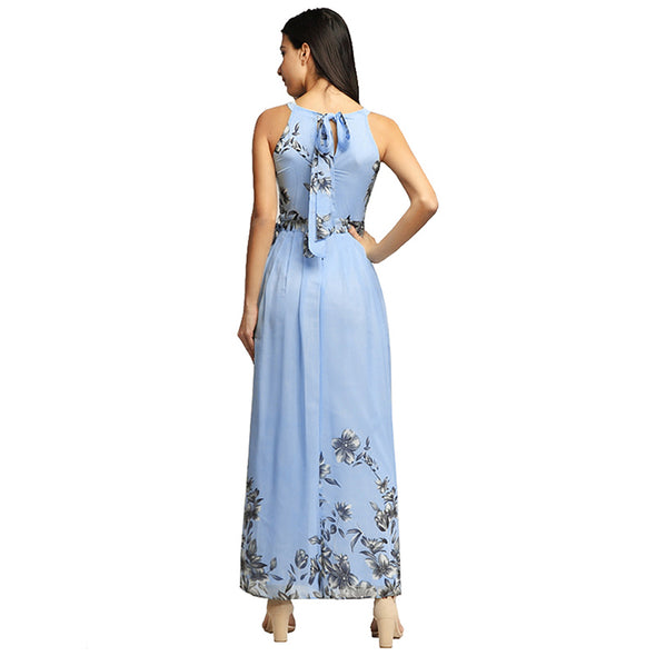 Bohemian Halter Chiffon Strapless Floral Print Dress Pleated Dress