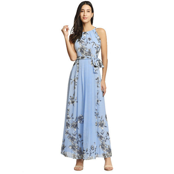 Bohemian Halter Chiffon Strapless Floral Print Dress Pleated Dress