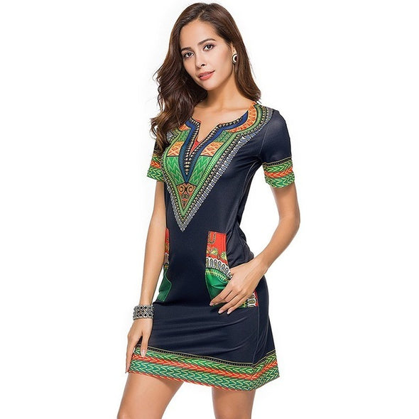 Summer Print Dress Boho Sheath Tunic V Neck Short Sleeve Midi Dresses