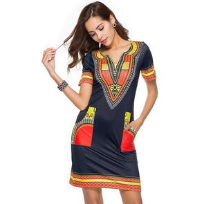 Summer Print Dress Boho Sheath Tunic V Neck Short Sleeve Midi Dresses