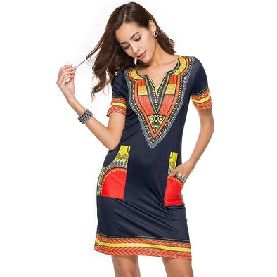 Summer Print Dress Boho Sheath Tunic V Neck Short Sleeve Midi Dresses