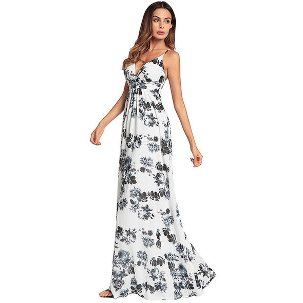 Boho Sexy Deep V Floral Print Backless Chiffon Maxi Dress