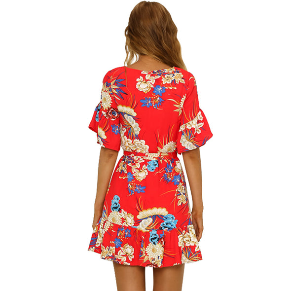 Summer Floral Print O Neck Mini Dress Casual  Female Dresses