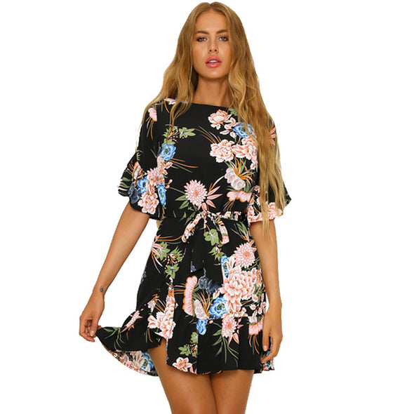 Summer Floral Print O Neck Mini Dress Casual  Female Dresses