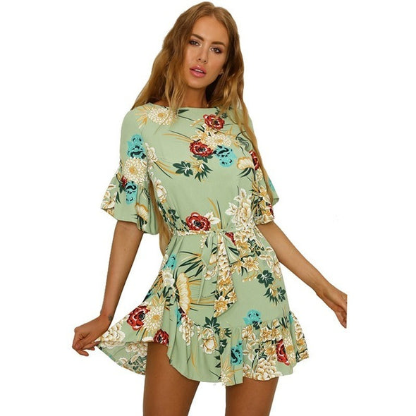 Summer Floral Print O Neck Mini Dress Casual  Female Dresses