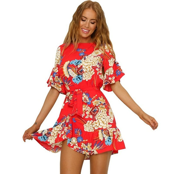 Summer Floral Print O Neck Mini Dress Casual  Female Dresses