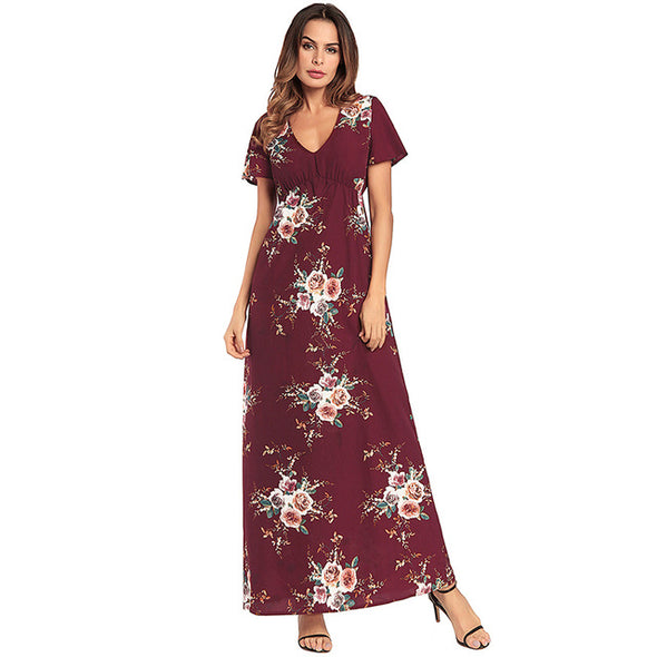 Boho Chiffon Dress Floral Print Sexy V-neck Bench Maxi Dress