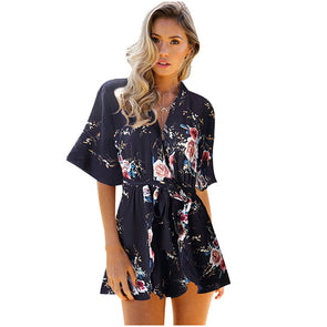 Floral Print Boho Chiffon Sexy V-Neck Flare Lace Up Casual Jumpsuits