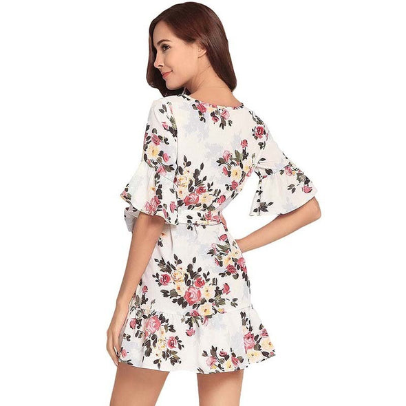 Women Summer Floral Print O Neck Casual Flare Sleeve Dresses